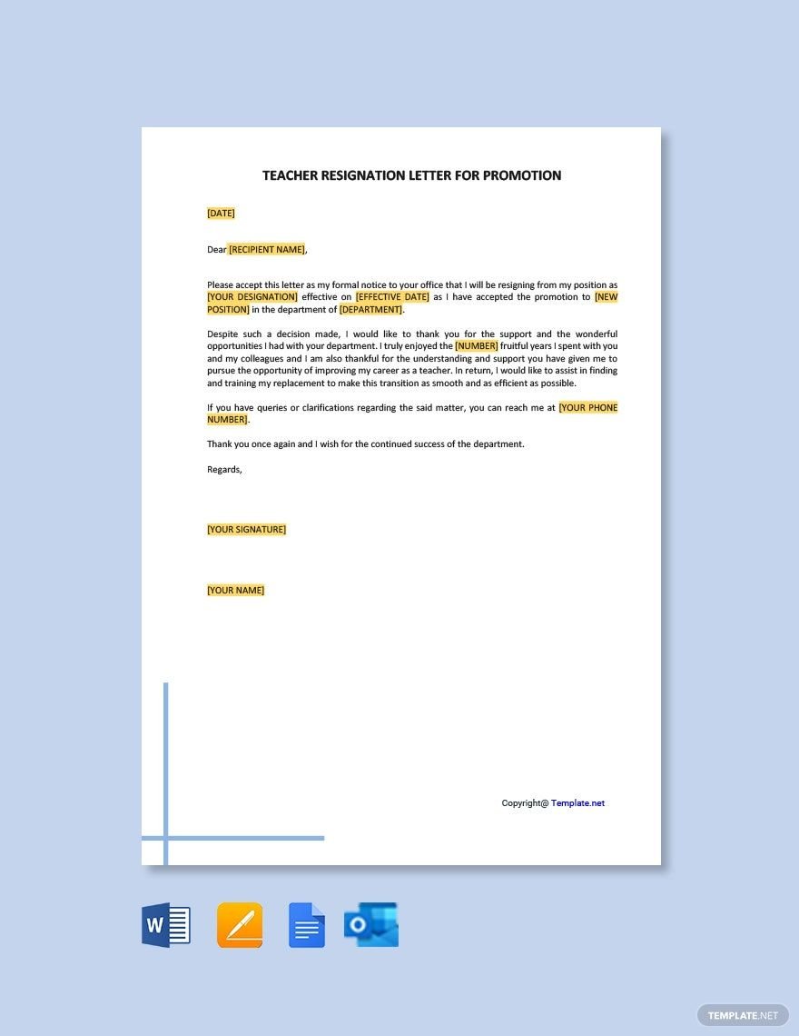 Teacher Resignation Letter for Promotion in Word, Google Docs, PDF, Apple Pages, Outlook