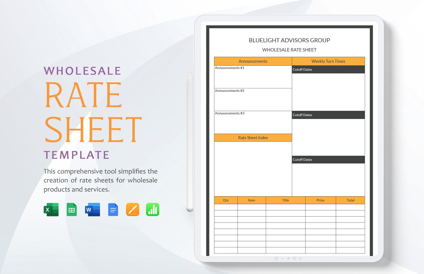 Wholesale Rate sheet Template in Word, Google Docs, Excel, Illustrator, Apple Pages, Apple Numbers