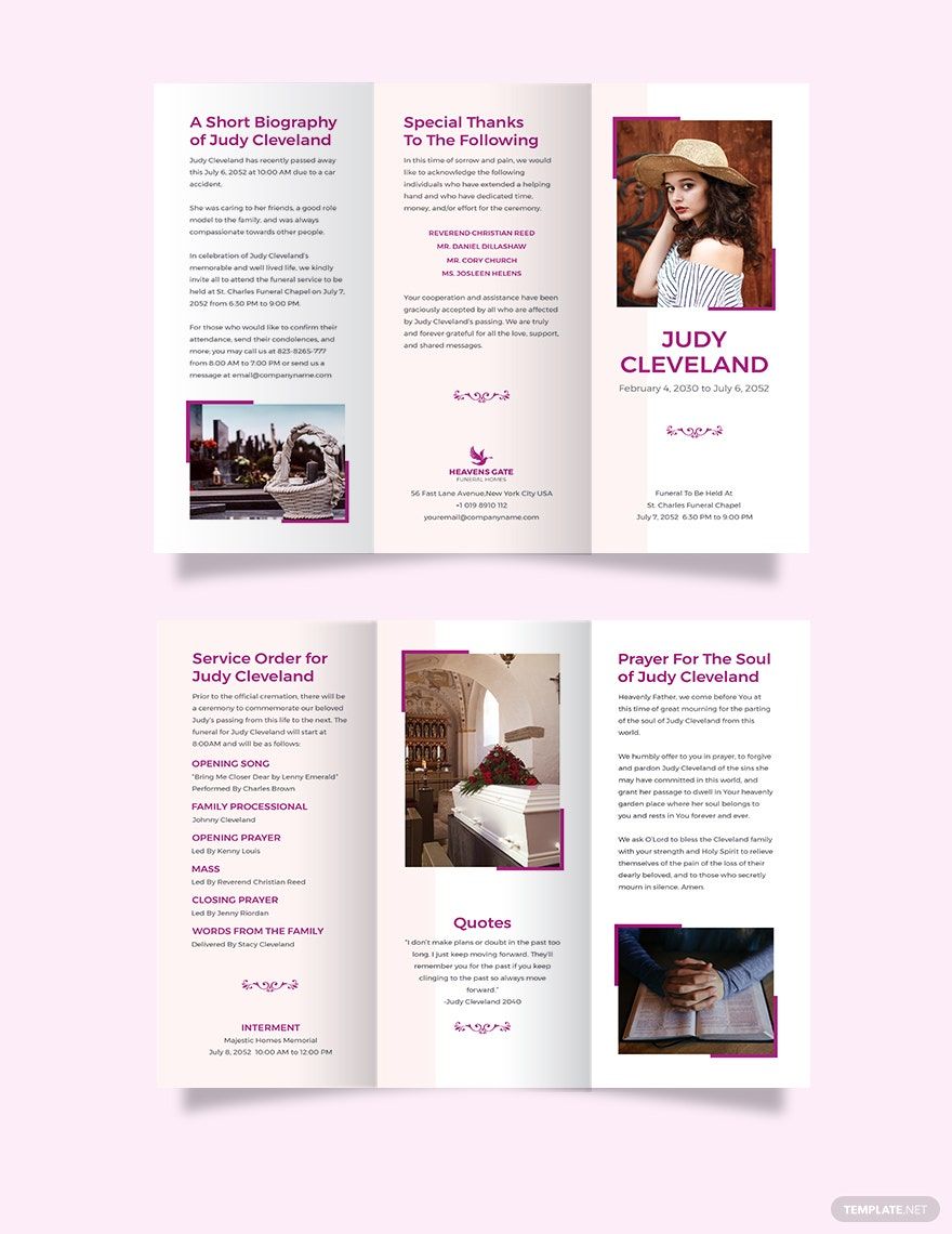 Celebration of Life Funeral Program Tri-Fold Brochure Template in Word, Google Docs, Illustrator, PSD, Apple Pages, Publisher, InDesign