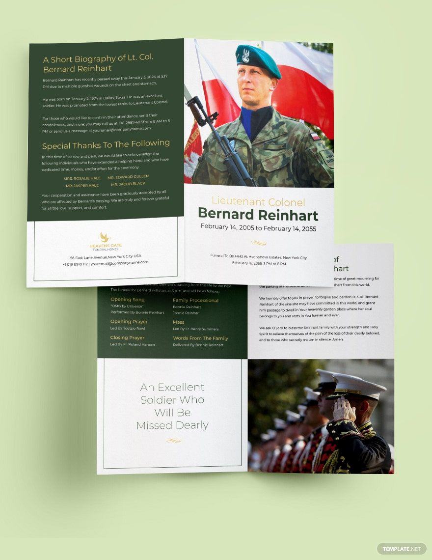 Military Funeral Program Bi-Fold Brochure Template in Word, Google Docs, Illustrator, PSD, Apple Pages, Publisher, InDesign