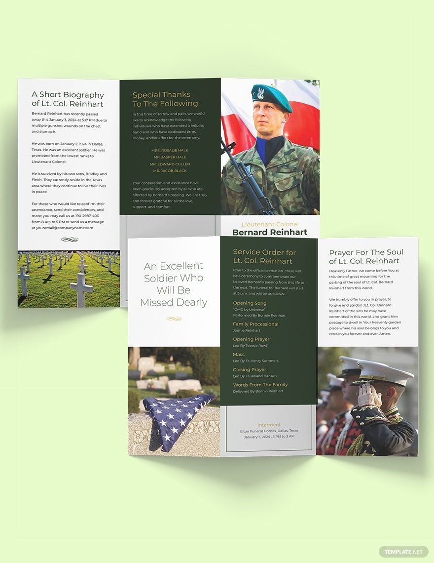 Military Funeral Program Tri-Fold Brochure Template in Word, Google Docs, Illustrator, PSD, Apple Pages, Publisher, InDesign