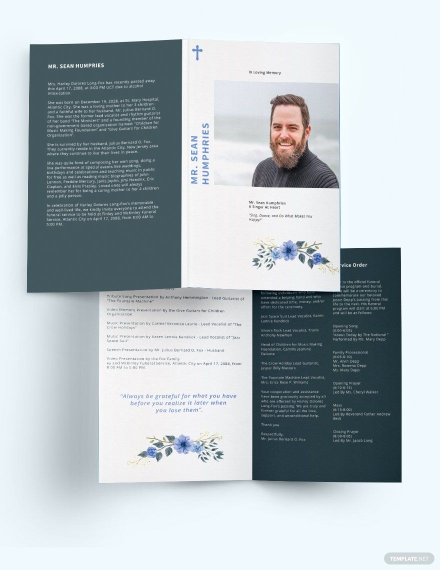 Modern Funeral Program Bi-fold Brochure Template in Word, Google Docs, Illustrator, PSD, Apple Pages, Publisher, InDesign