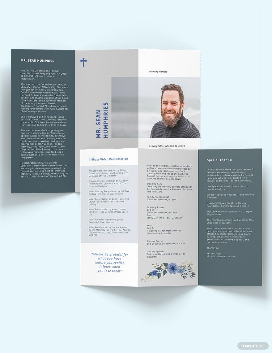 Modern Funeral Program Tri-Fold Brochure Template in Word, Google Docs, Illustrator, PSD, Apple Pages, Publisher, InDesign