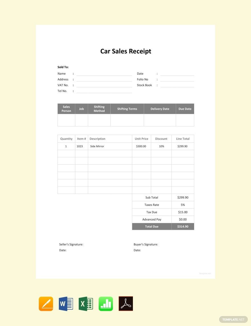 Editable Car Sale Receipt Template in Word, Google Docs, Excel, PDF, Google Sheets, Apple Pages, Apple Numbers