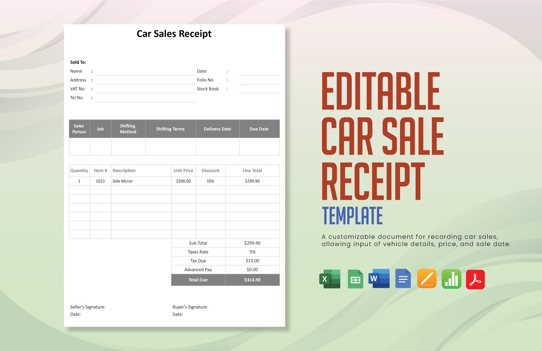 Editable Car Sale Receipt Template in Word, Google Docs, Excel, PDF, Google Sheets, Apple Pages, Apple Numbers