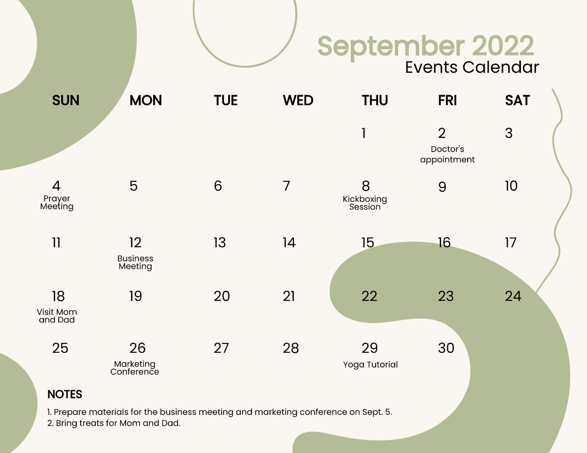 Free Cute September 2022 Calendar Template