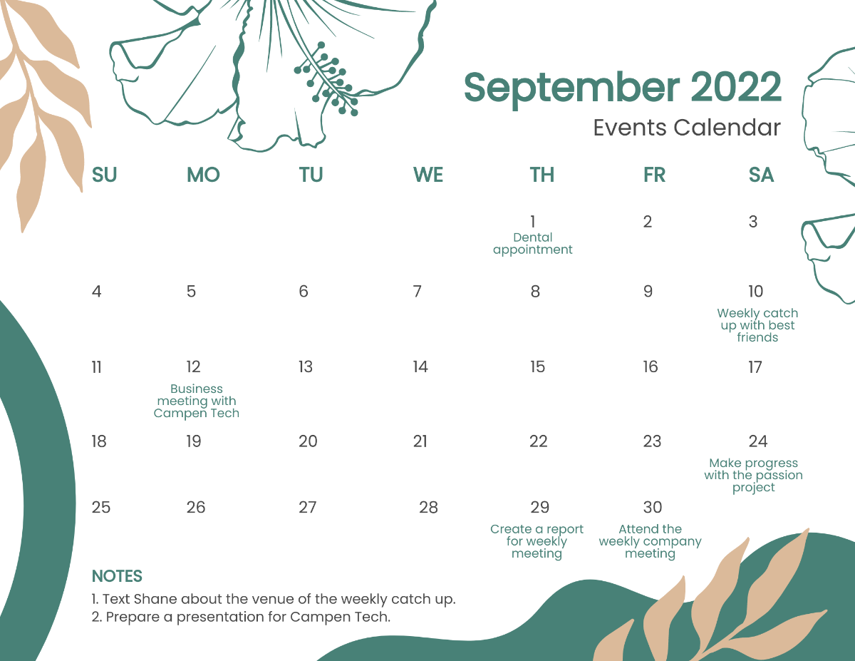 Floral September 2022 Calendar