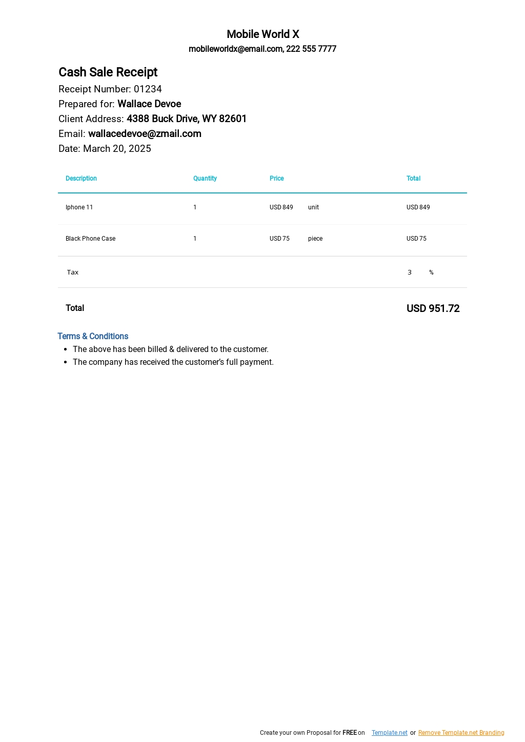 Cash Sale Receipt Template In Google Docs Google Sheets Excel Word 