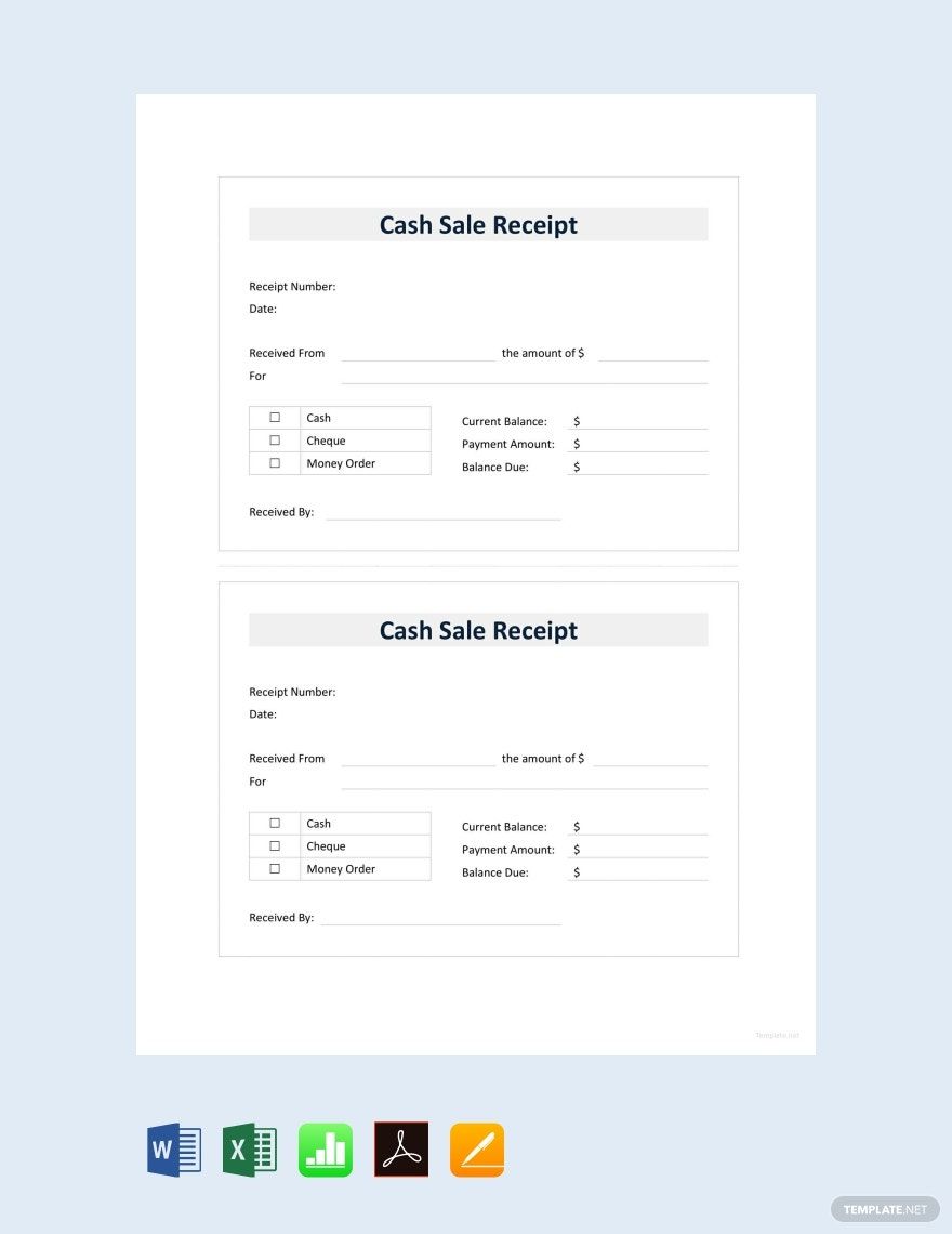 Cash Sale Receipt Template in Word, Google Docs, Excel, PDF, Google Sheets, Apple Pages, Apple Numbers