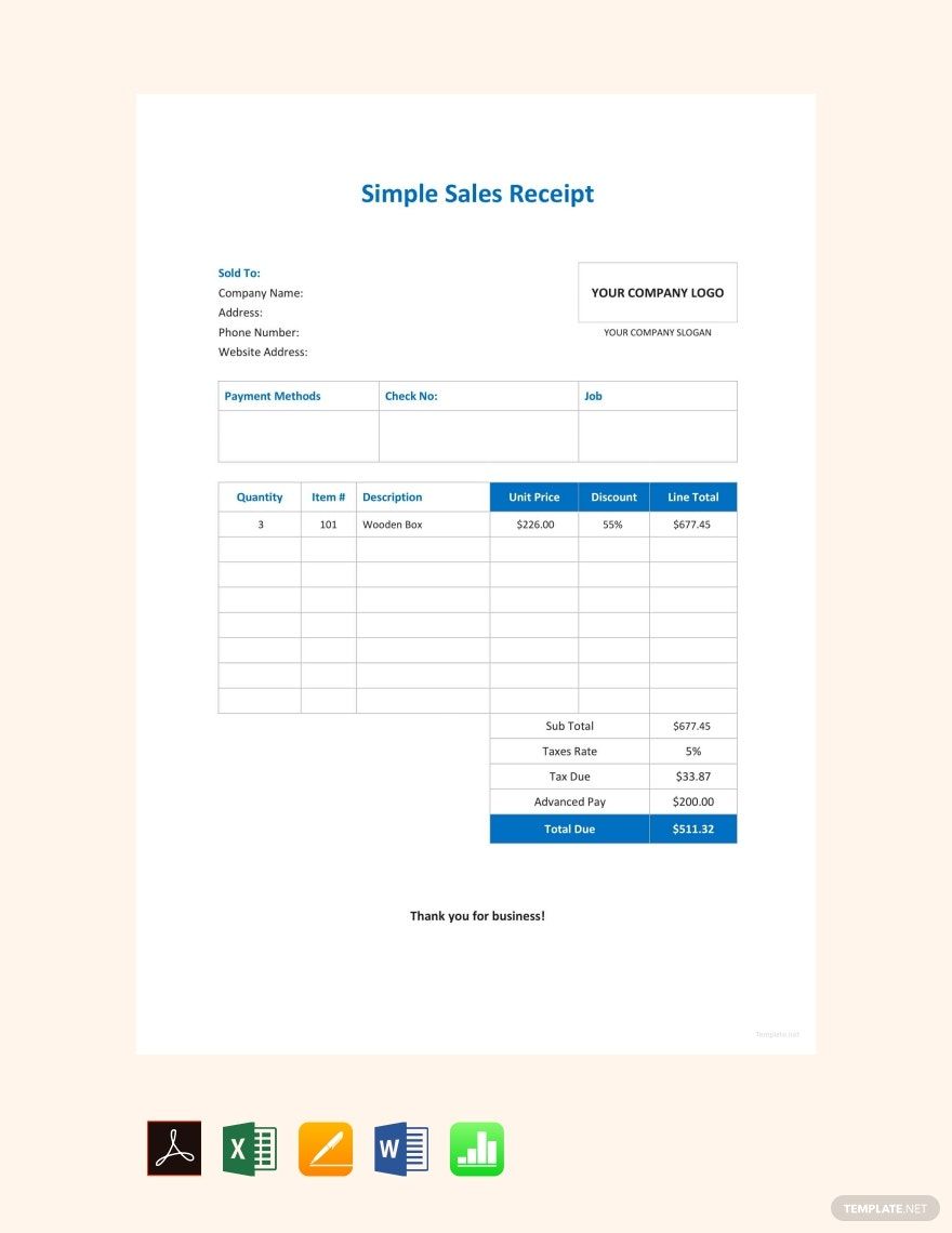 Simple Sales Receipt Template in Google Docs, Google Sheets, Pages, Word, Excel, PDF, Apple Numbers - Download | Template.net