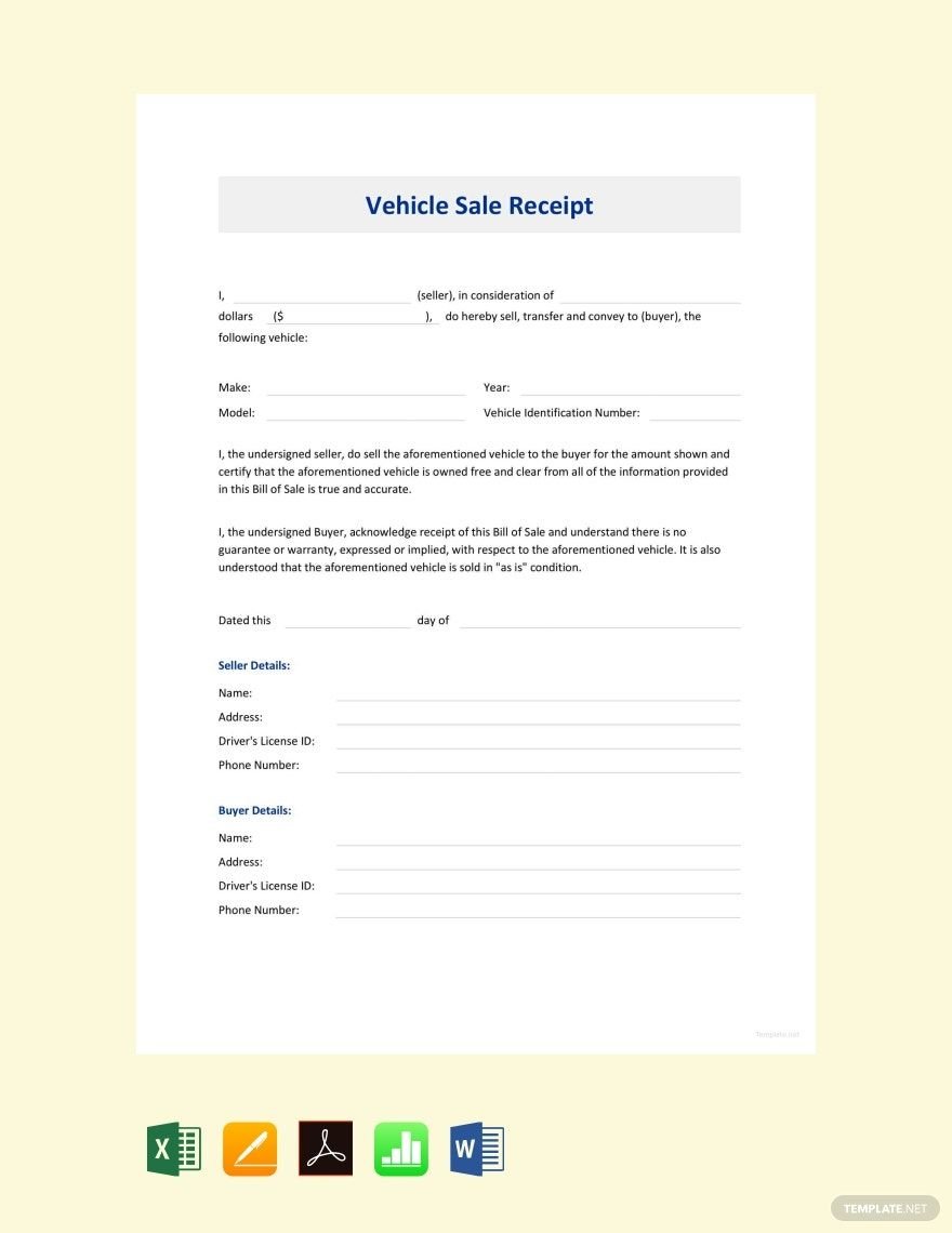 Sample Vehicle Sale Receipt Template in Word, Google Docs, Excel, PDF, Google Sheets, Apple Pages, Apple Numbers
