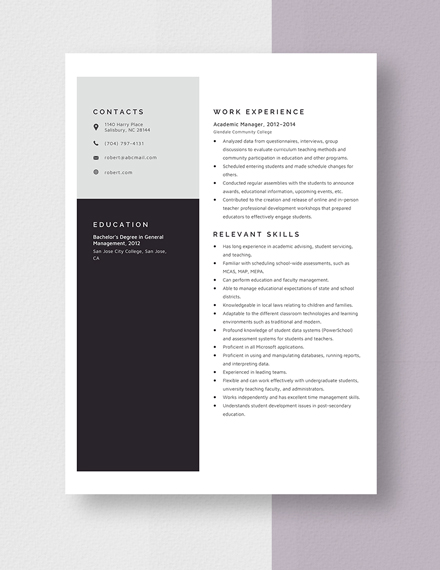 Academic Manager Resume Template