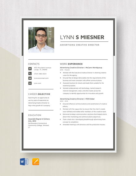 Advertising Creative Director Resume Template - Word, Apple Pages