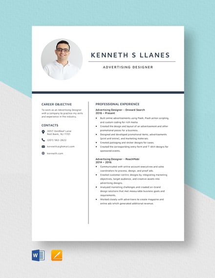 Free Advertising Designer Resume Template - Word, Apple Pages