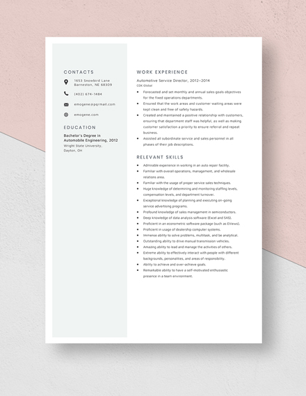 Automotive Service Director Resume Template - Word, Apple Pages ...