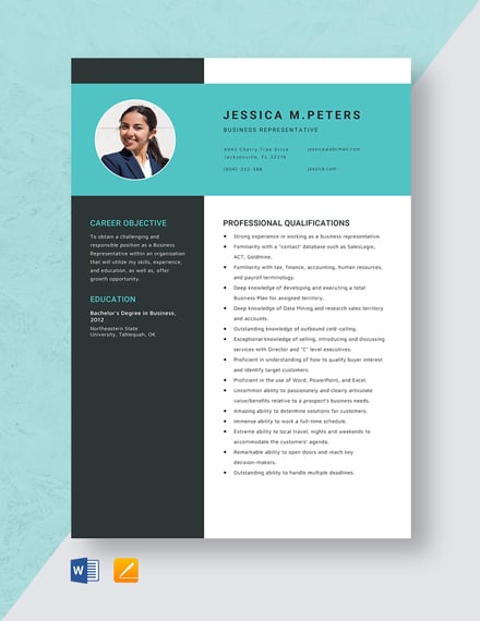 Business Representative Resume Template - Word, Apple Pages