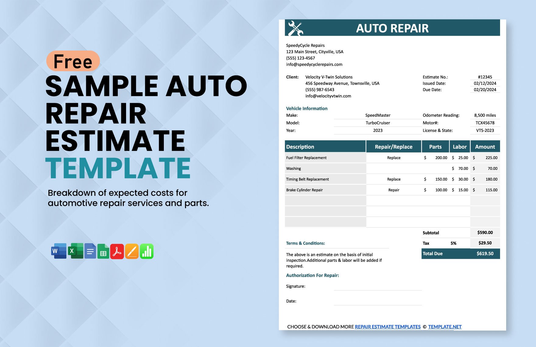 Sample Auto Repair Estimate Template