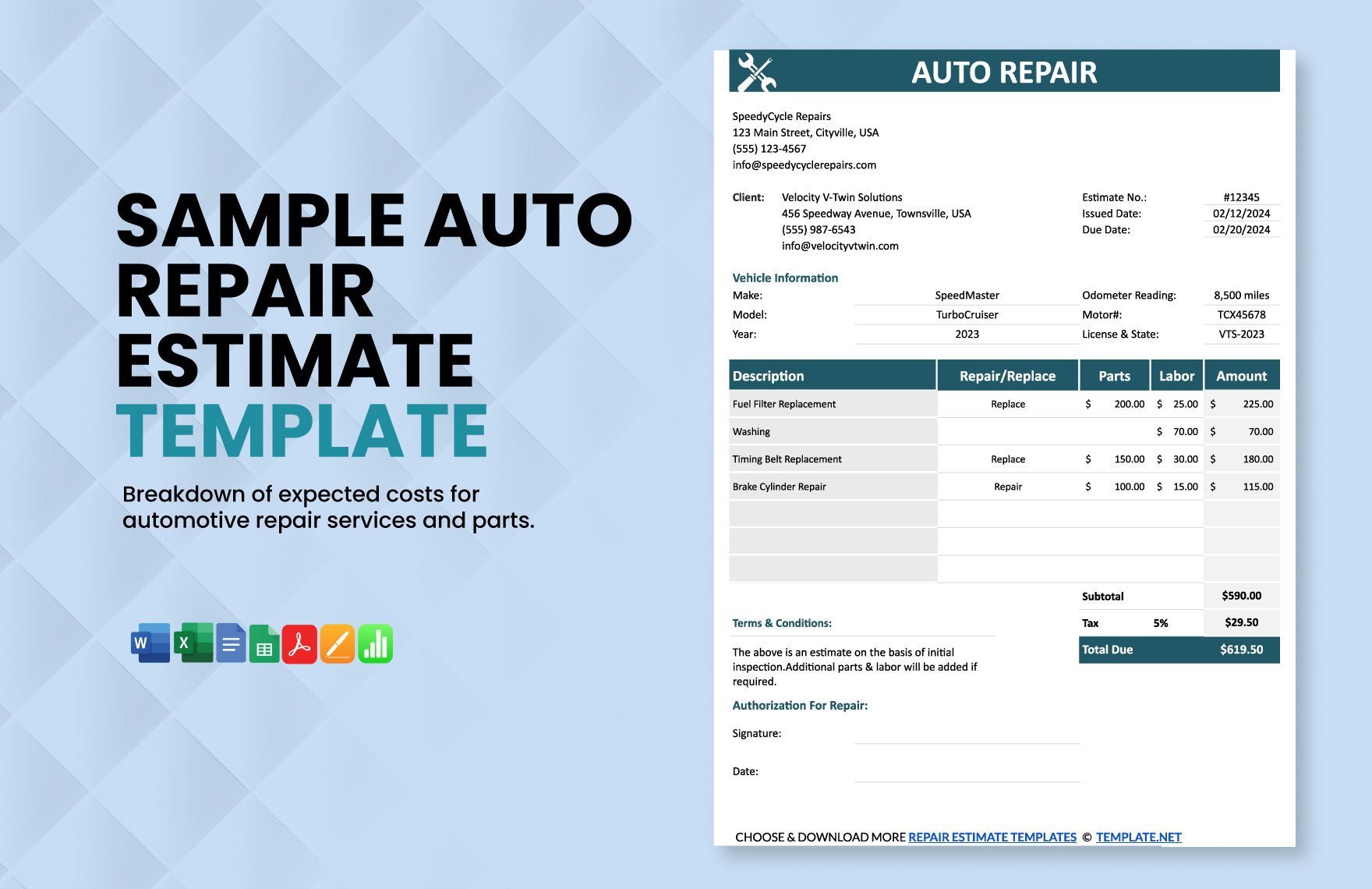 Free Sample Auto Repair Estimate Template in Word, Google Docs, Excel, PDF, Google Sheets, Apple Pages, Apple Numbers