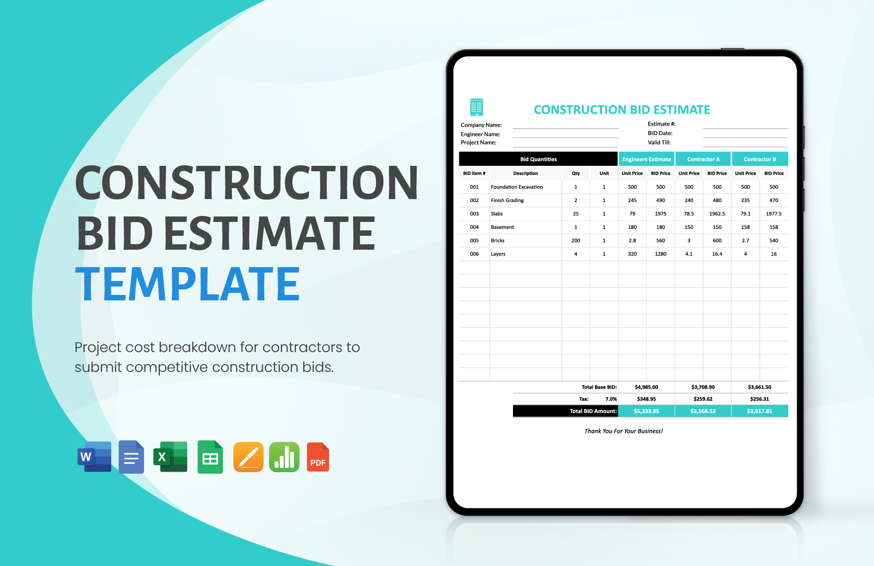 Construction Bid Template Excel Construction Bid Template Excel
