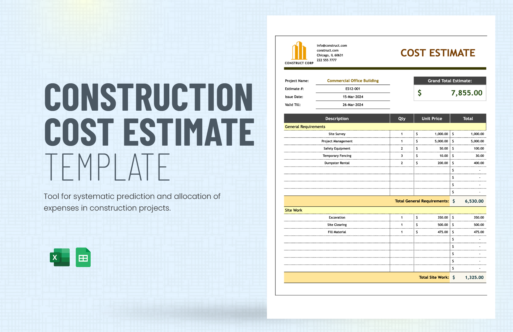Construction Cost Estimate Template