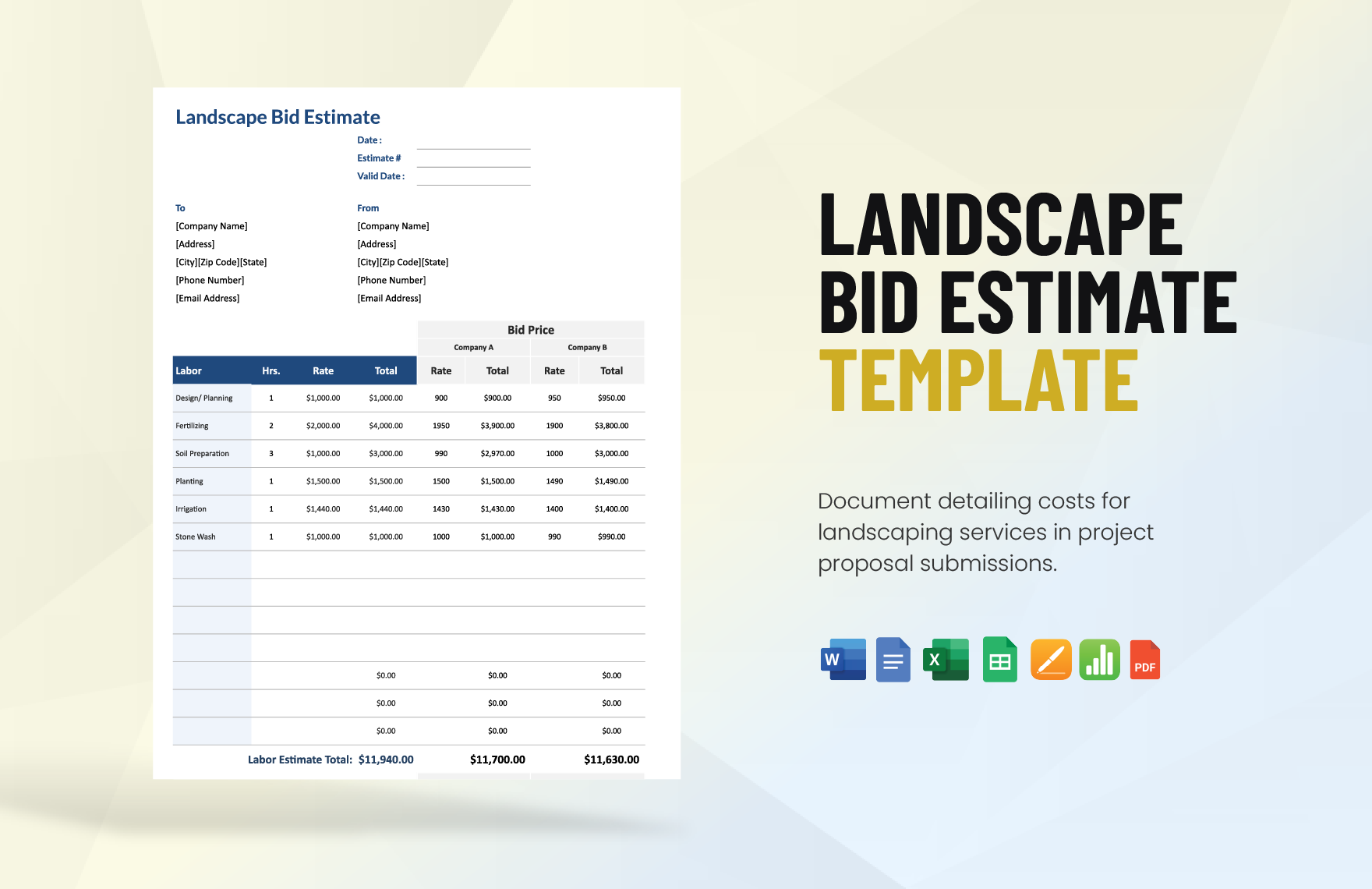 Landscape Bid Estimate Template in Word, Google Docs, Excel, PDF, Google Sheets, Apple Pages, Apple Numbers