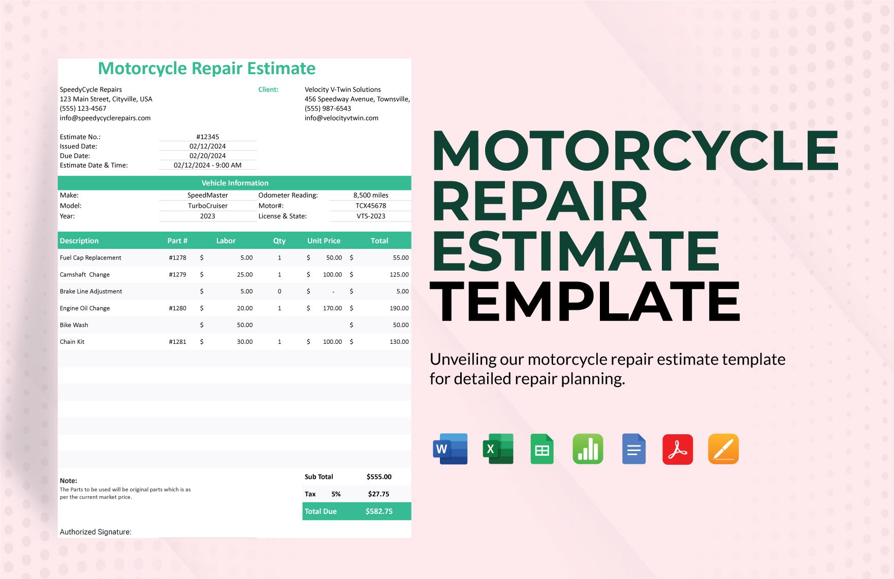 Motorcycle Repair Estimate Template