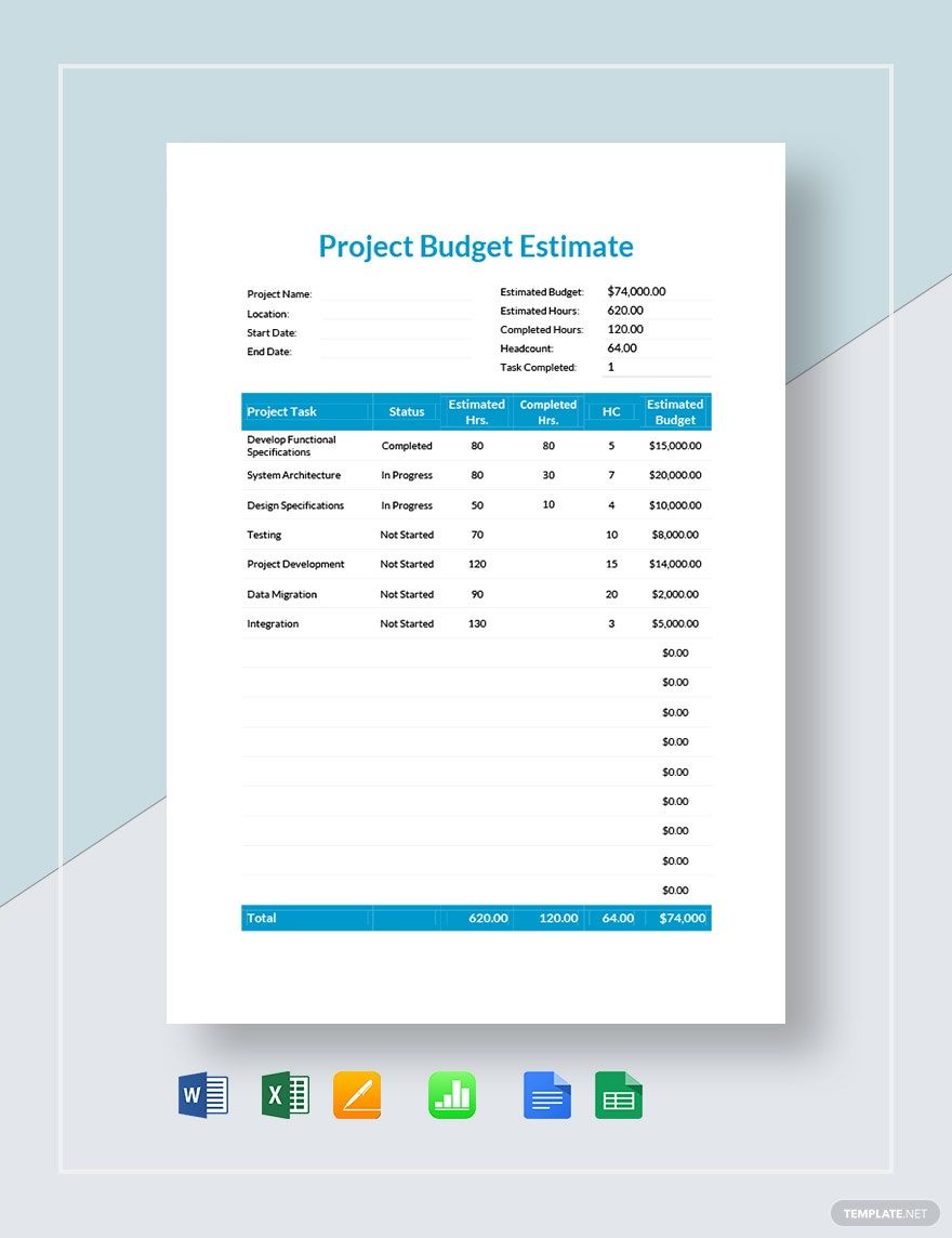 Project Budget Estimate Template in Word, Google Docs, Excel, Google Sheets, Apple Pages, Apple Numbers