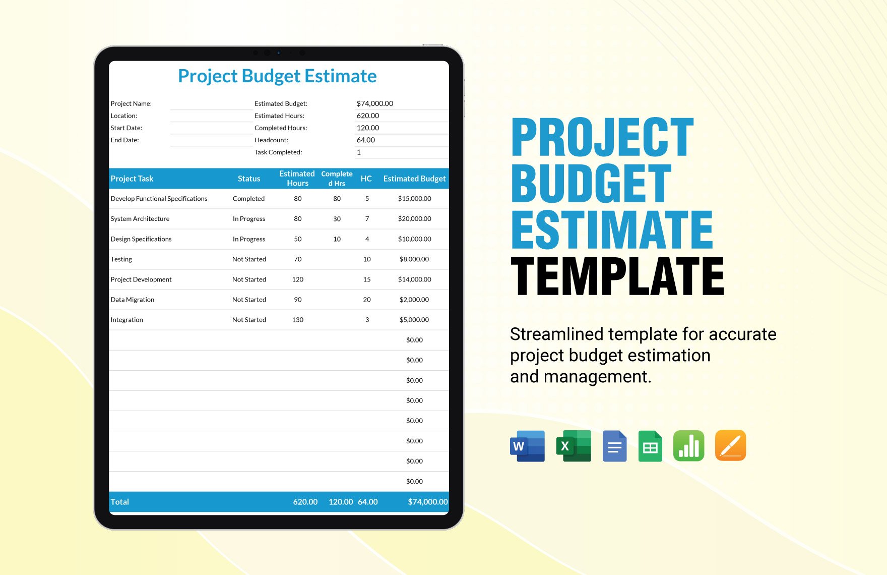 Project Budget Estimate Template in Word, Google Docs, Excel, Google Sheets, Apple Pages, Apple Numbers