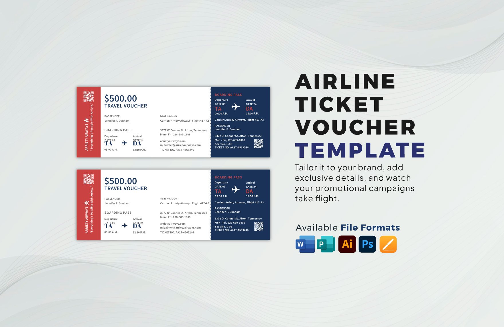 Airline Ticket Voucher Template in Word, Illustrator, PSD, Apple Pages, Publisher