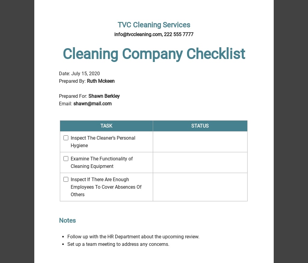 Sample Cleaning Checklist Template - Google Docs, Word, Apple Pages ...