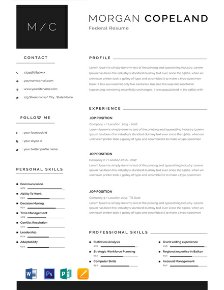 Federal Resume Template - Word, Apple Pages, PSD, Publisher