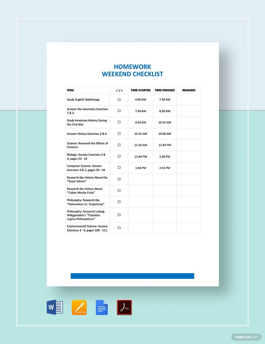 Free Homework Checklist Template in Word, Google Docs, PDF, Apple Pages