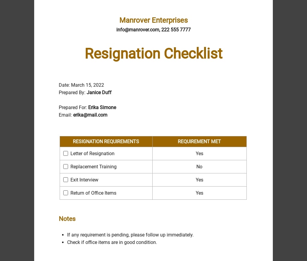 Resignation Checklist Template