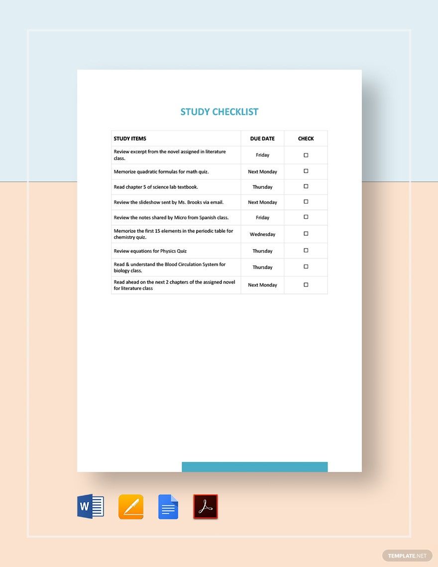 Study Checklist Template in Word, Google Docs, PDF, Apple Pages