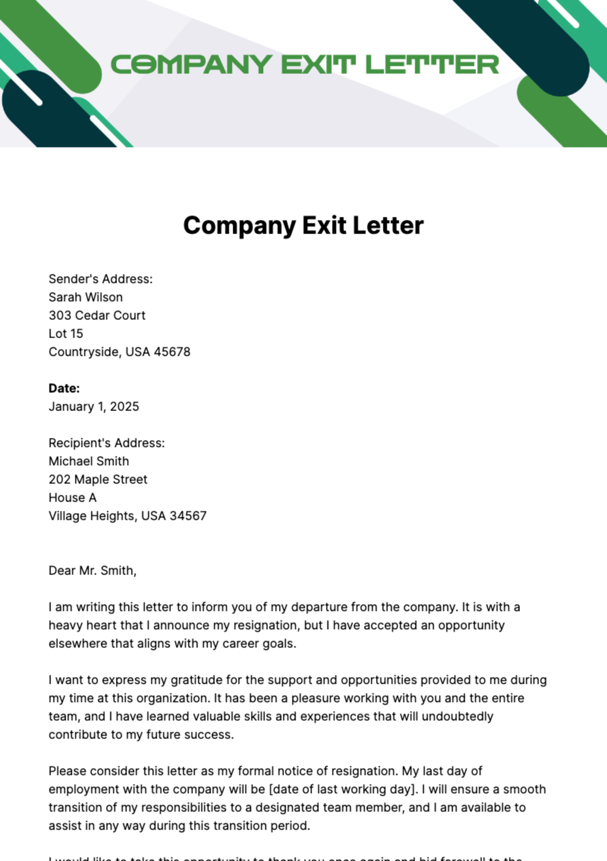 Free Company Exit Letter Template