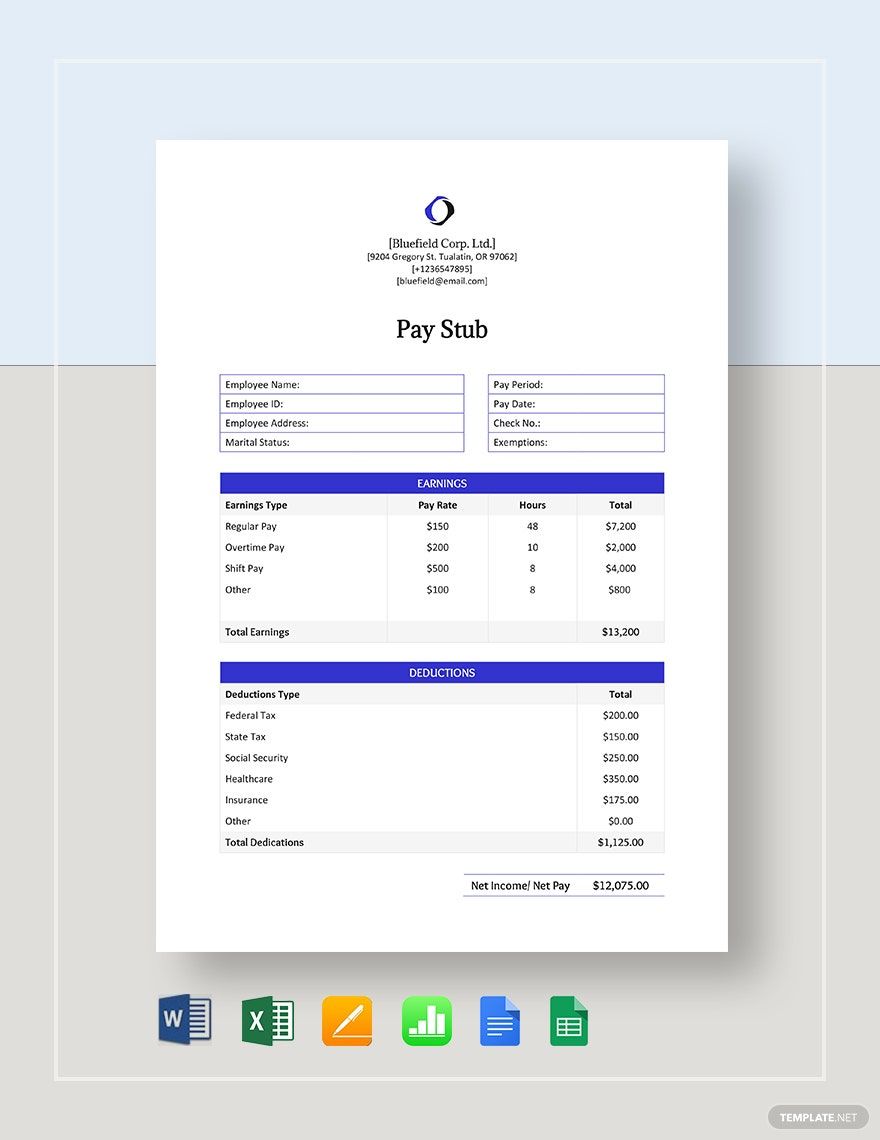 Basic Pay Stub Template Google Docs, Google Sheets, Excel, Word, Apple Numbers, Apple Pages