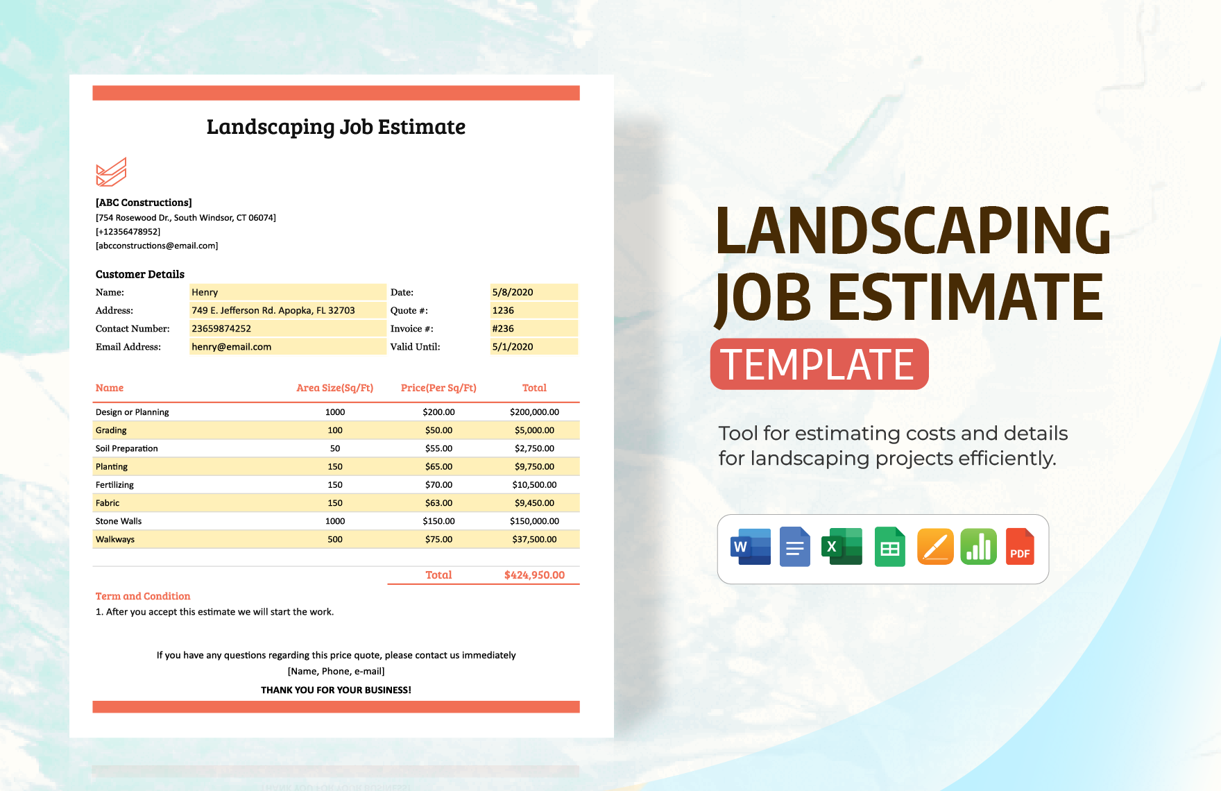 Landscaping Job Estimate Template in Word, Google Docs, Excel, PDF, Google Sheets, Apple Pages, Apple Numbers