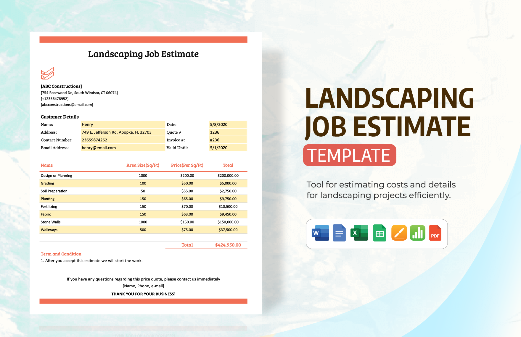 Landscaping Job Estimate Template in Excel, Word, Google Docs, Google Sheets, Apple Numbers, Apple Pages, PDF - Download | Template.net