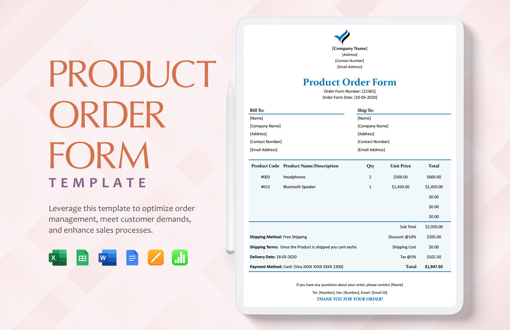 Product Order Form Template in Word, Google Docs, Excel, Google Sheets, Apple Pages, Apple Numbers