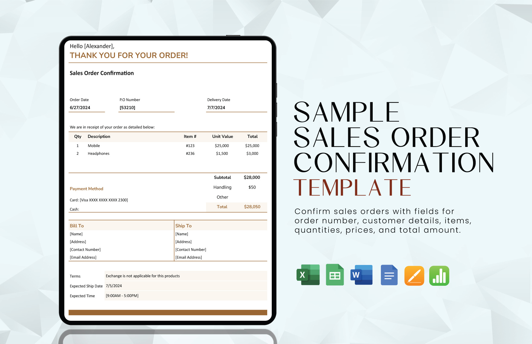Sample Sales Order Confirmation Template in Word, Google Docs, Excel, Google Sheets, Apple Pages, Apple Numbers