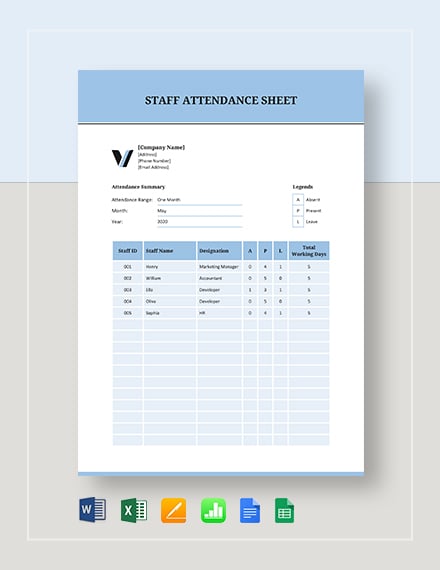 Free Sample Staff Attendance Sheet Template