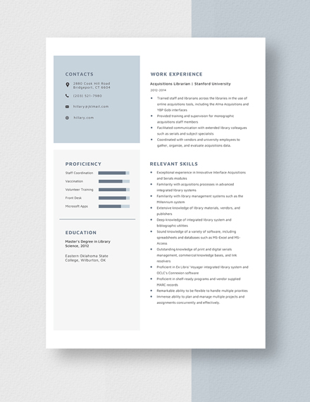 Acquisitions Librarian Resume Template