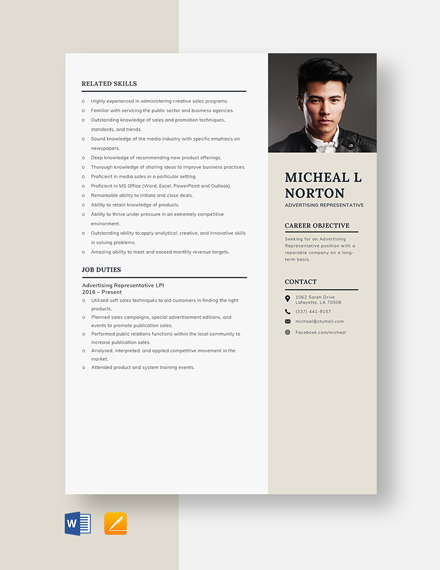 Free Advertising Representative Resume Template - Word, Apple Pages
