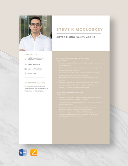 Free Advertising Sales Agent Resume Template - Word, Apple Pages