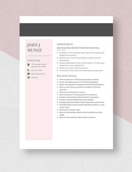 Advertising Sales Assistant Resume Template