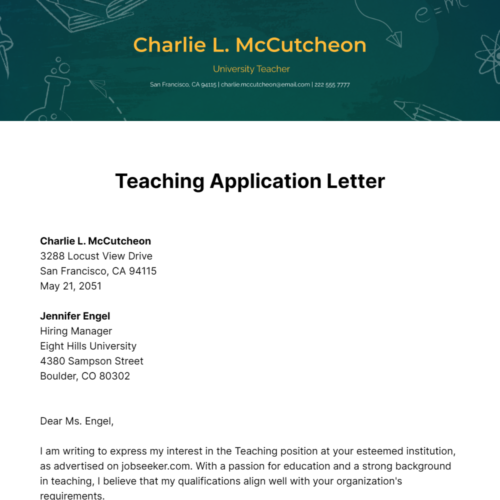 Teaching Application Letter Template