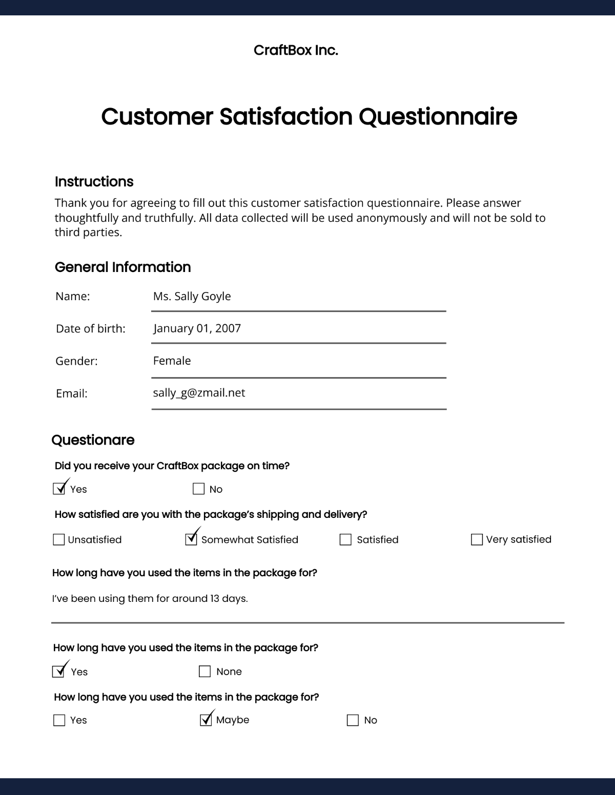 Customer Satisfaction Questionnaire Template