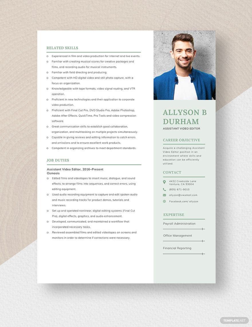 Free Assistant Video Editor Resume
