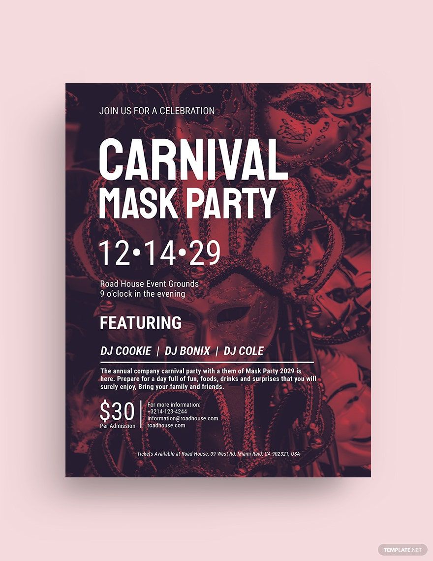 Carnival Mask Party Flyer Template in Word, Google Docs, Illustrator, PSD, Apple Pages, Publisher, InDesign