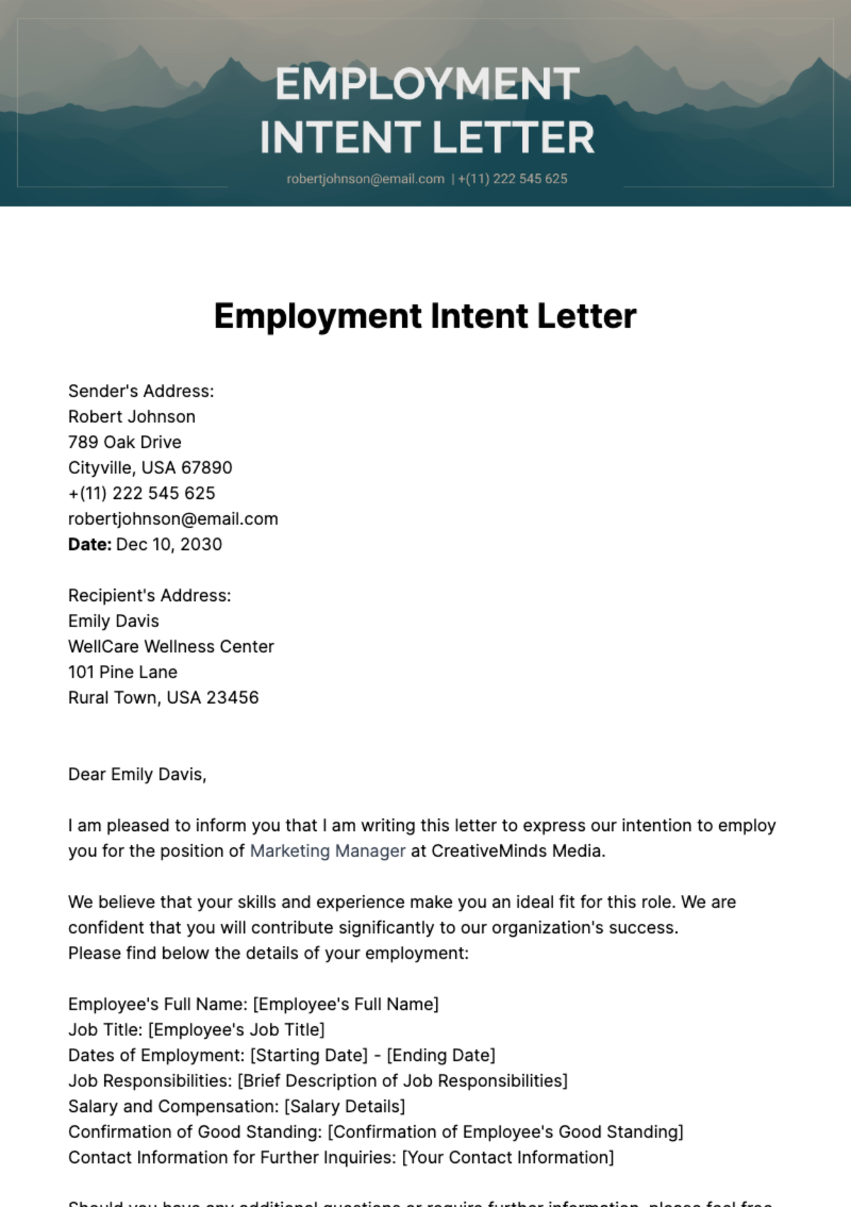 Employment Intent Letter Template